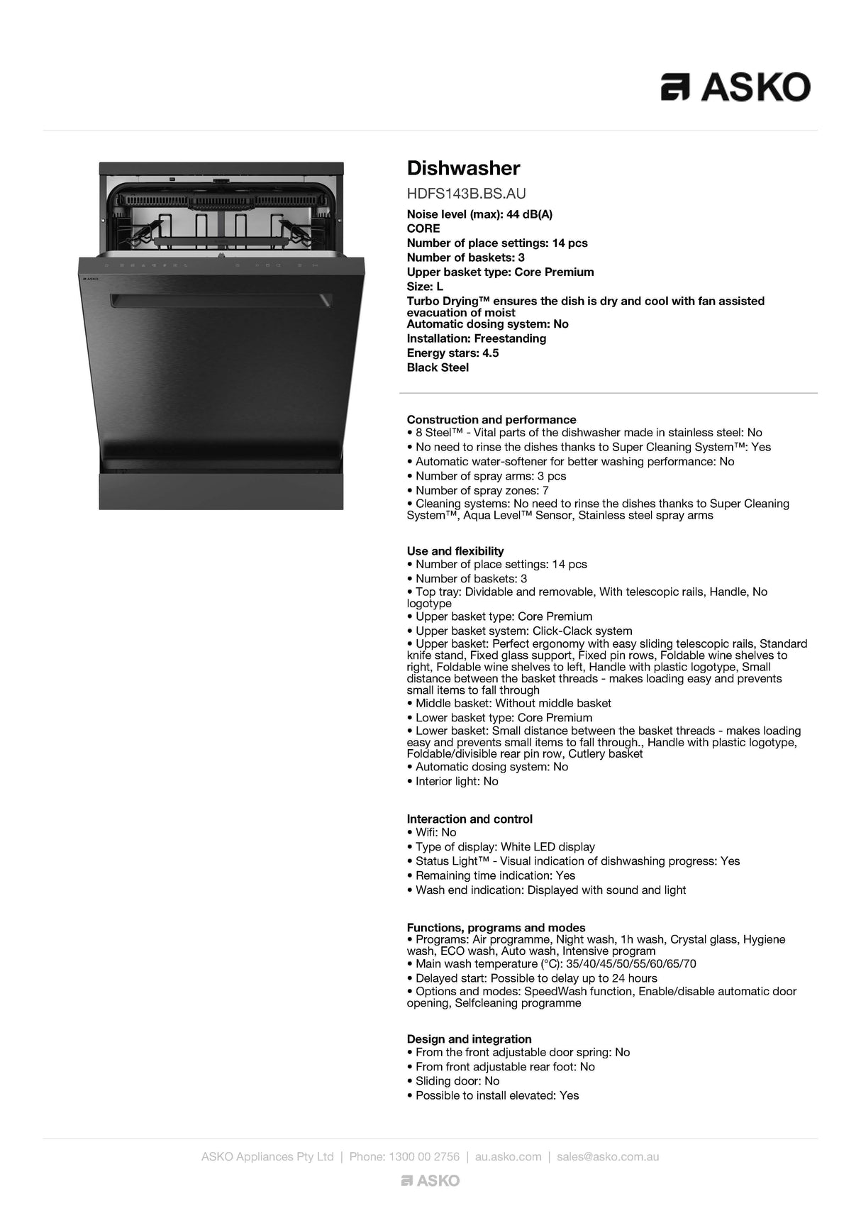 ASKO HDFS143BBSAU 60cm Core Freestanding Dishwasher Black Steel - ASKO Factory Seconds