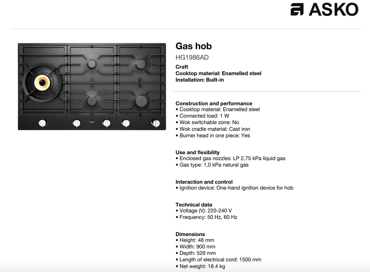ASKO 90cm Natural Gas Cooktop with Super Flex Wok Burner Graphite Black HG1986AD - Ex Display