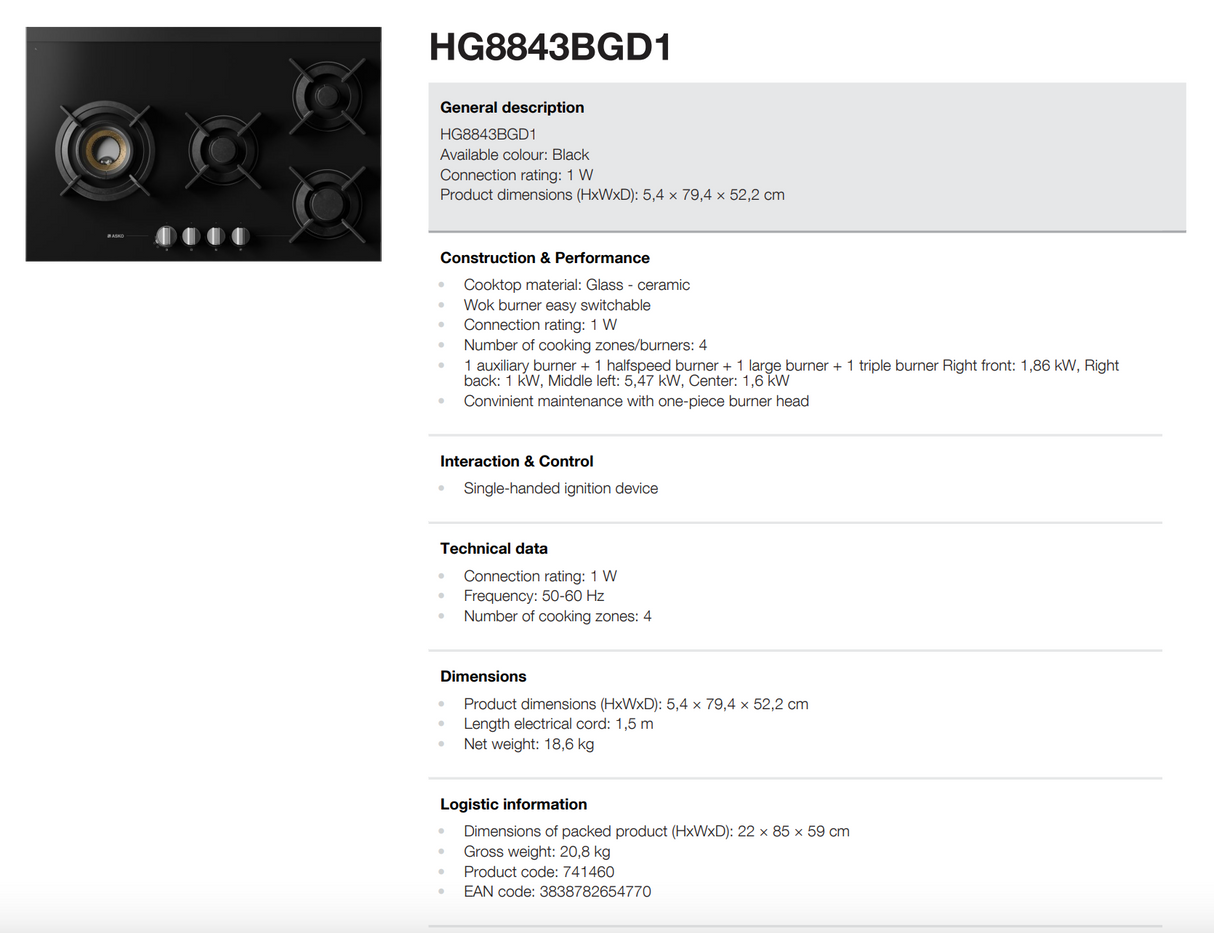 Asko 80cm Hob Gas 4 Burner Volcano Cooktop Black Glass HG8843BGD1 - ASKO Seconds Discount