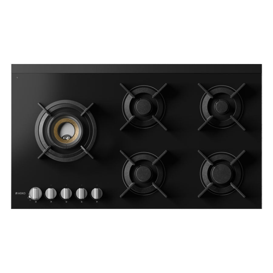 Asko 90cm Gas 5 Burner Cooktop with Fusion Volcano Burner Black Glass HG8953BGD1 - ASKO Seconds Discount