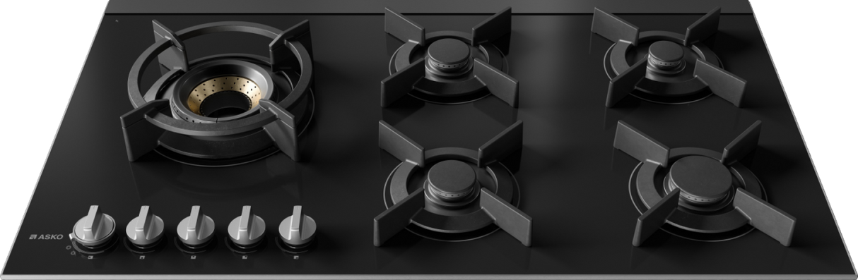 Asko 90cm Gas 5 Burner Cooktop with Fusion Volcano Burner Black Glass HG8953BGD1 - ASKO Seconds Discount