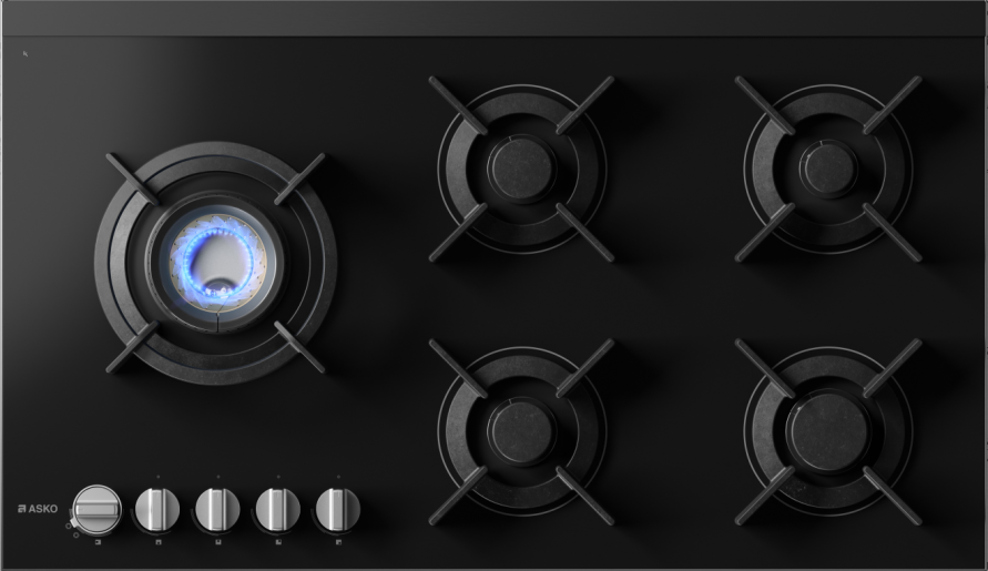 Asko 90cm Gas 5 Burner Cooktop with Fusion Volcano Burner Black Glass HG8953BGD1 - ASKO Seconds Discount