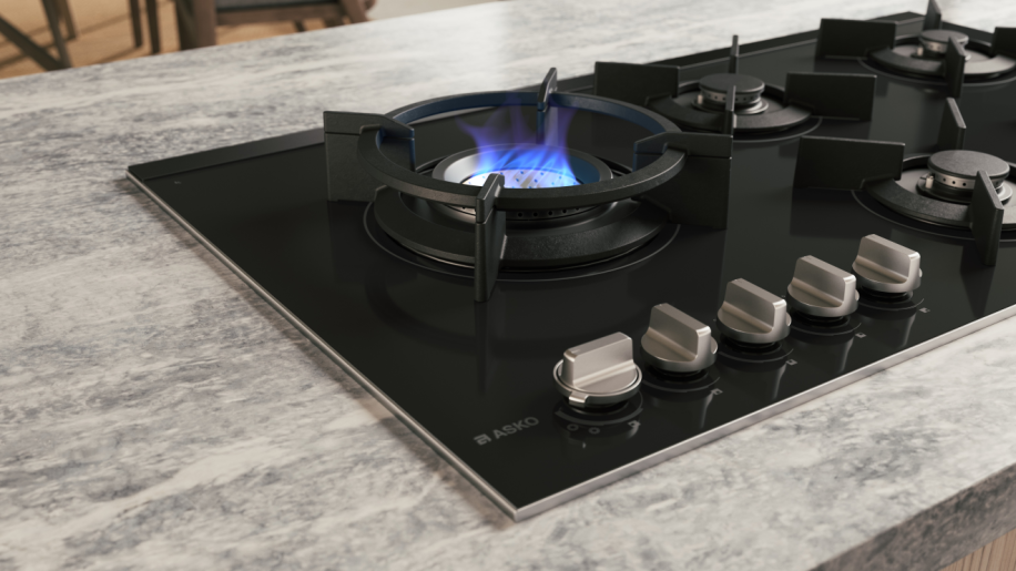 Asko 90cm Gas 5 Burner Cooktop with Fusion Volcano Burner Black Glass HG8953BGD1 - ASKO Seconds Discount