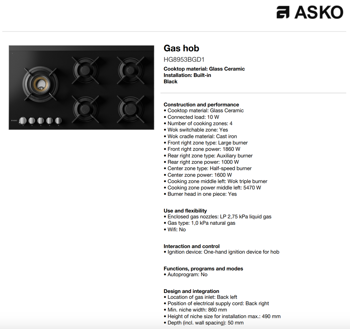 Asko 90cm Gas 5 Burner Cooktop with Fusion Volcano Burner Black Glass HG8953BGD1 - ASKO Seconds Discount