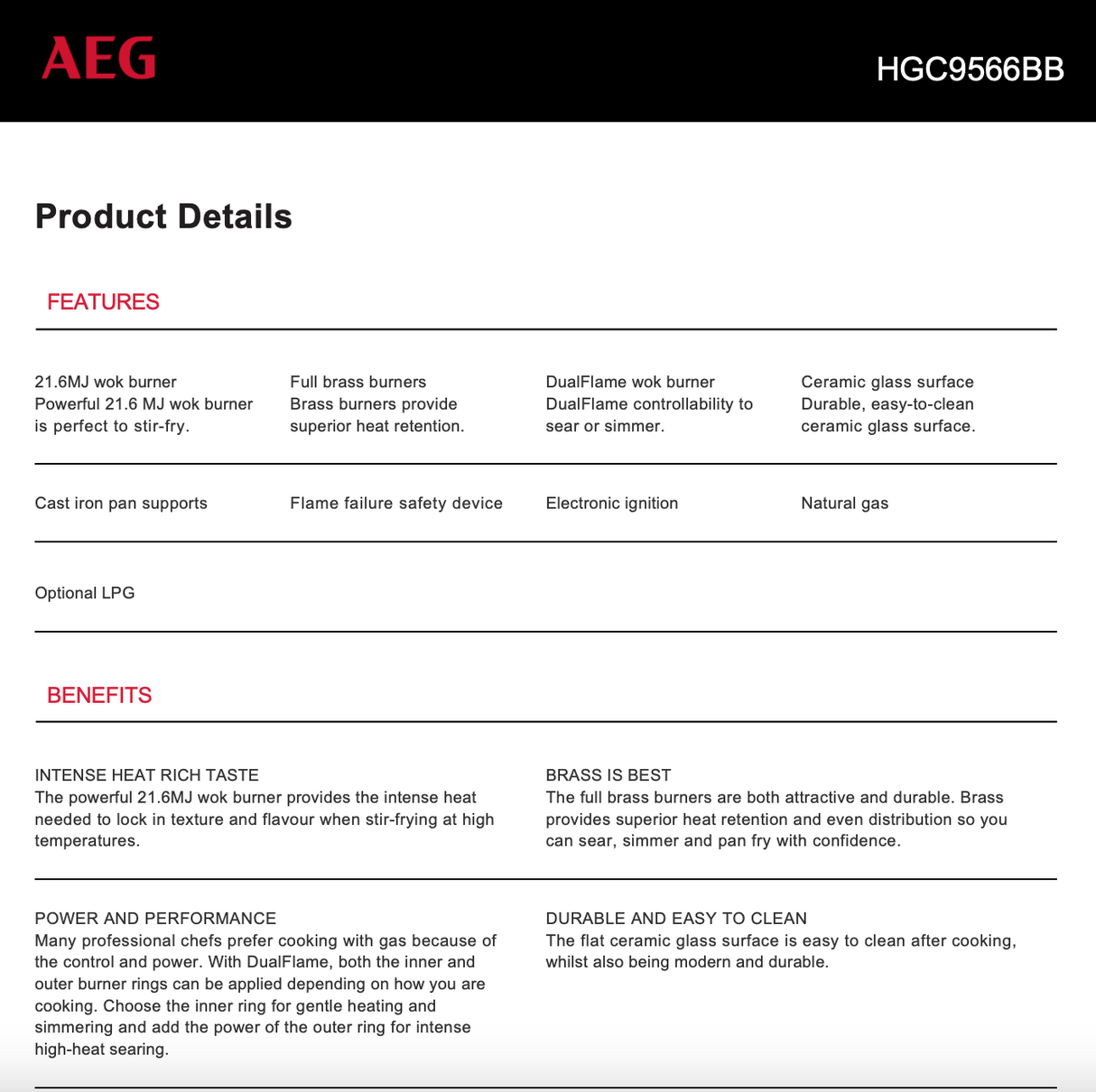 AEG HGC9566BB 90cm Natural Gas Cooktop with Wok Burner - AEG Factory Seconds