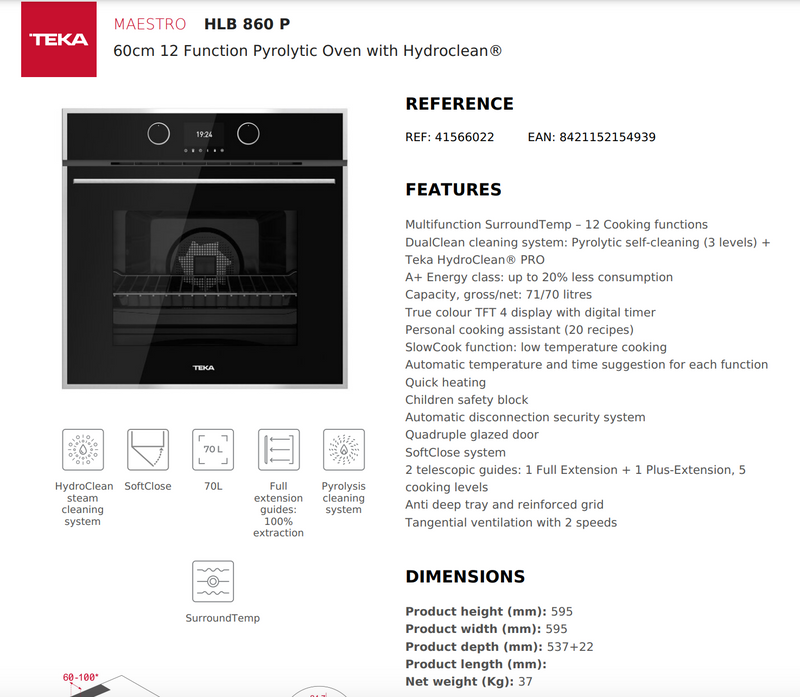 Teka HLB 860 P 60cm 12 Function Pyrolytic Oven with Hydroclean® - Special Order