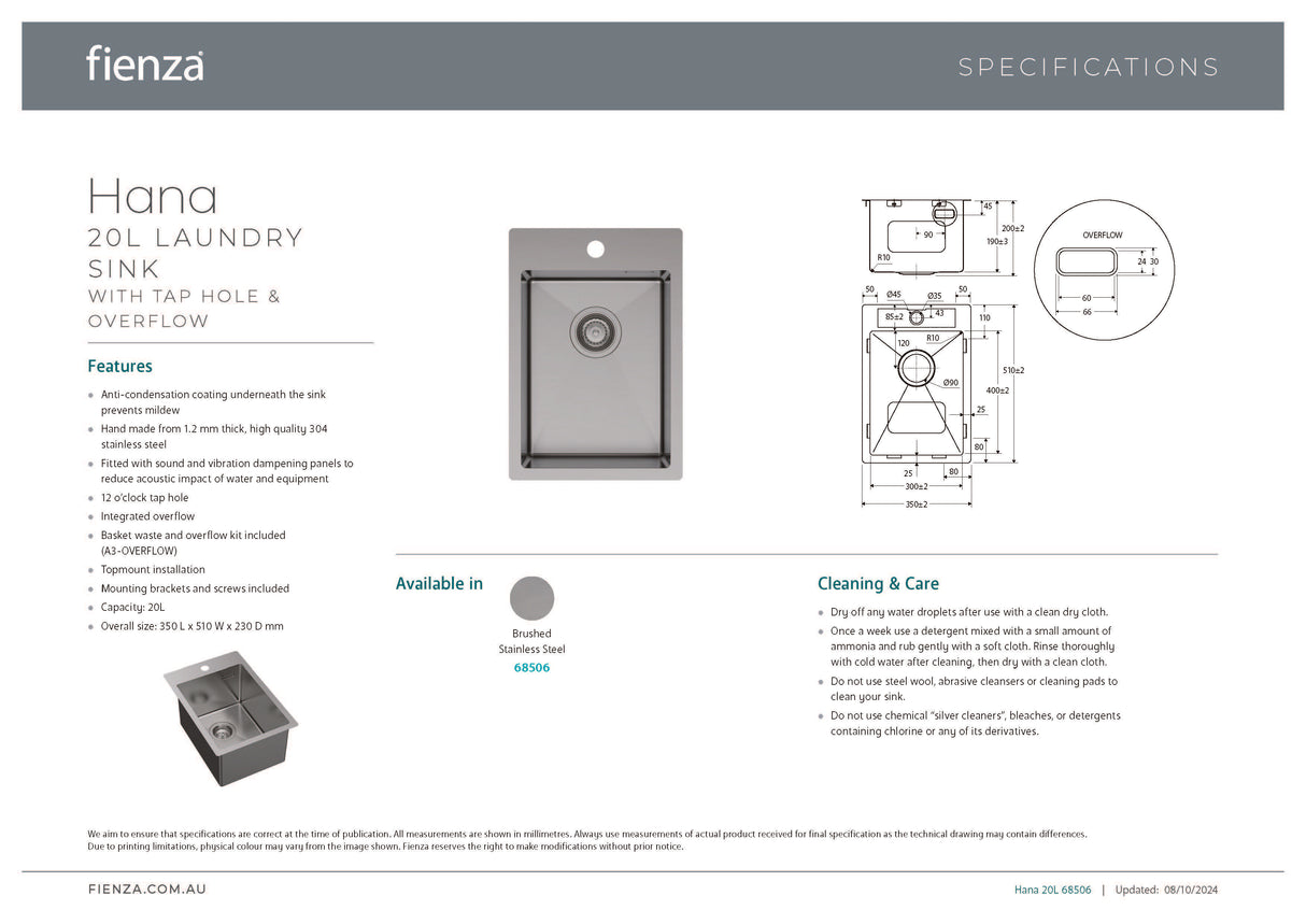 Fienza 68506 Hana 20L Laundry Sink with Tap Hole and Overflow