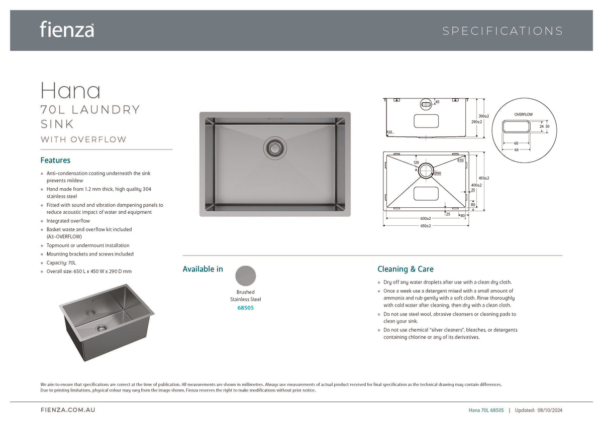 Fienza 68505 Fienza Hana Top/Undermount Sink with Overflow, Stainless Steel