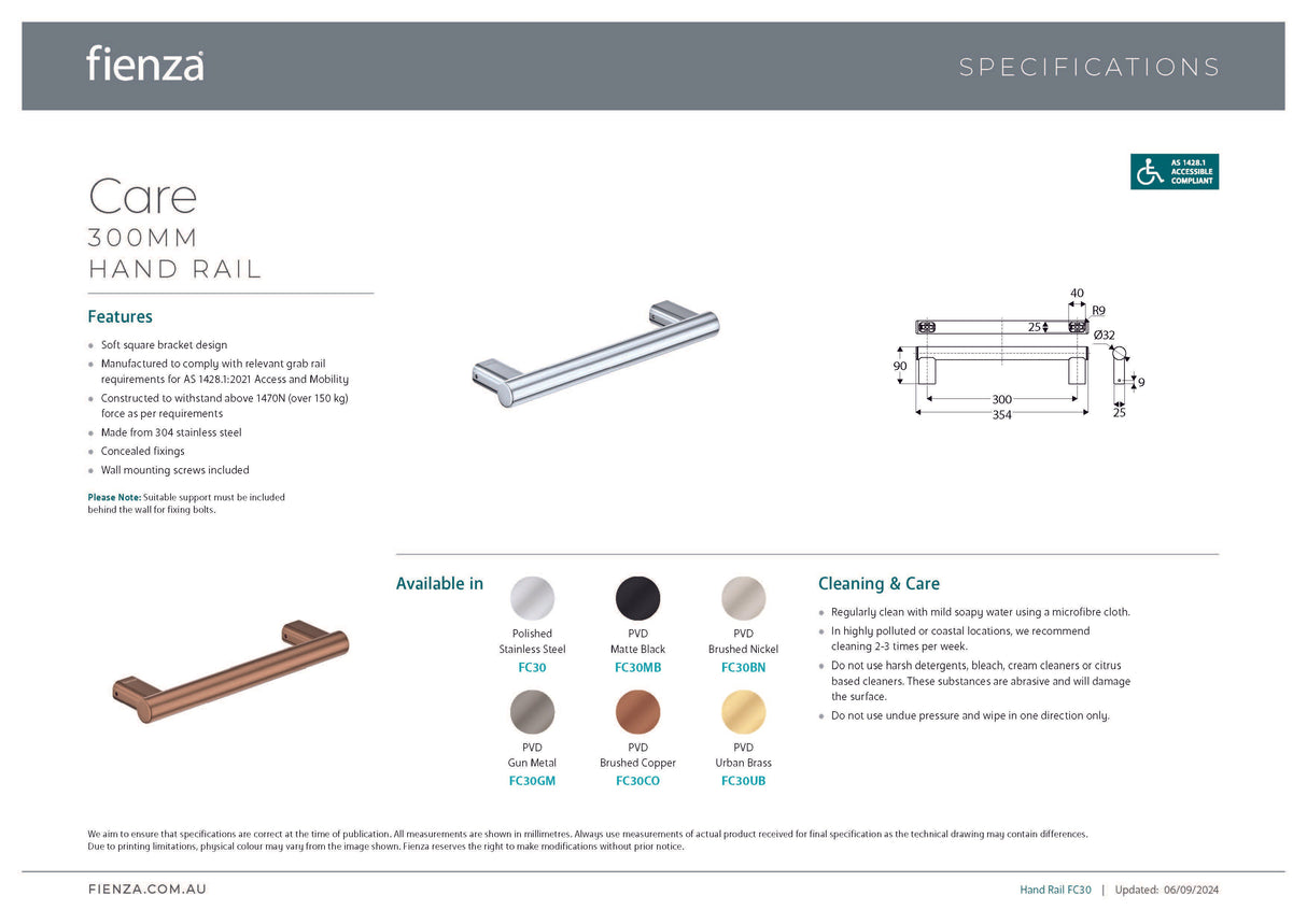 Fienza FC30UB Care Slimline Hand Grab Rail, 300mm, Urban Brass