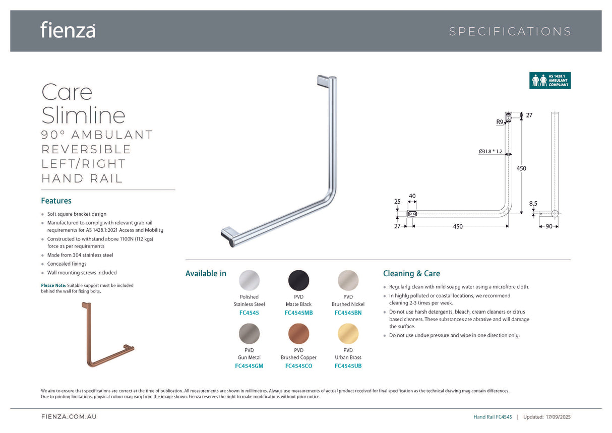Fienza FC4545 90° Care Slimline Ambulant Care Hand Grab Rail, Stainless Steel