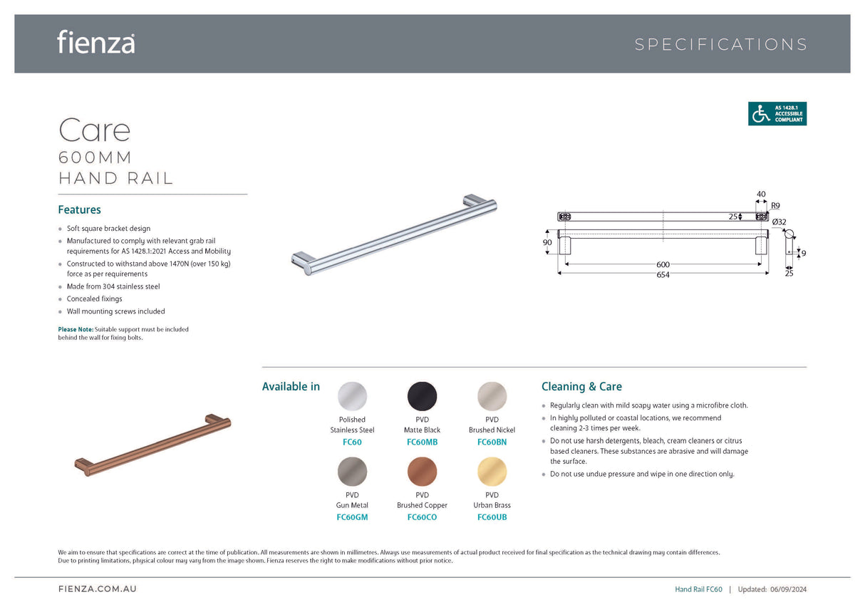 Fienza FC60CO Care Slimline Hand Grab Rail, 600mm, Brushed Copper