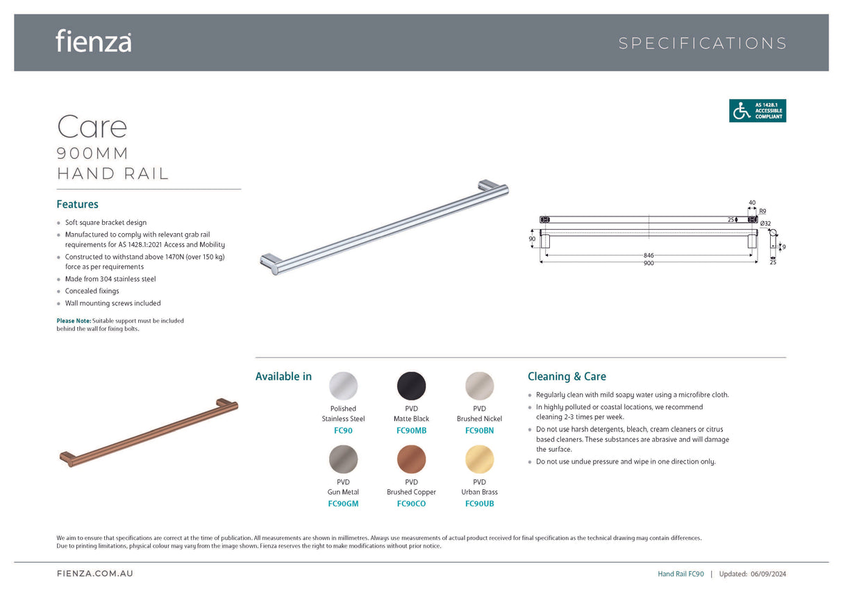 Fienza FC90BN Care Slimline Hand Grab Rail, 900mm, Brushed Nickel