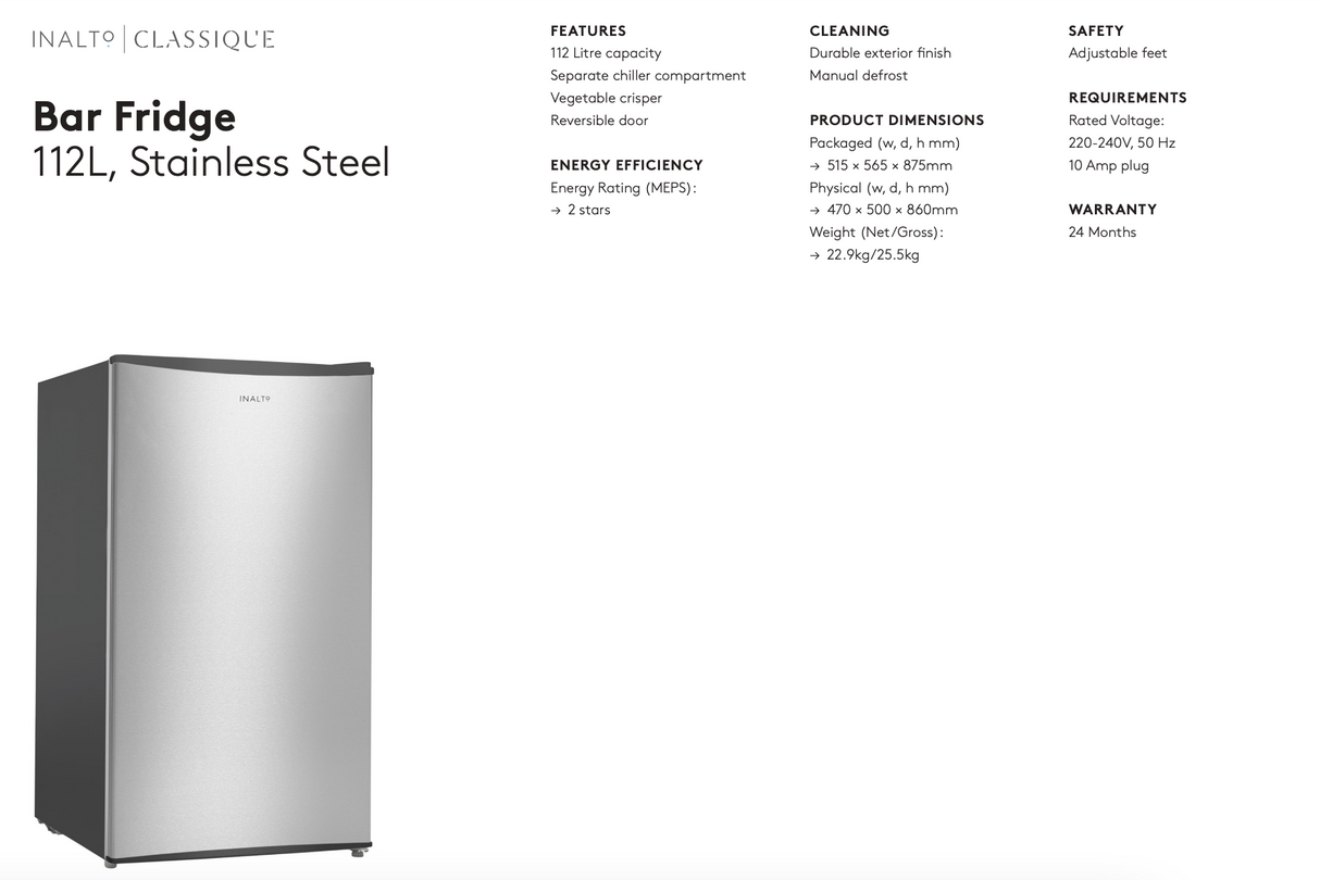Inalto IBF112S 112 Litre Stainless Steel Bar Fridge - Online Only