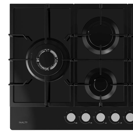 Inalto Icgg755W 75Cm Gas On Black Glass Cooktop With Wok Burner