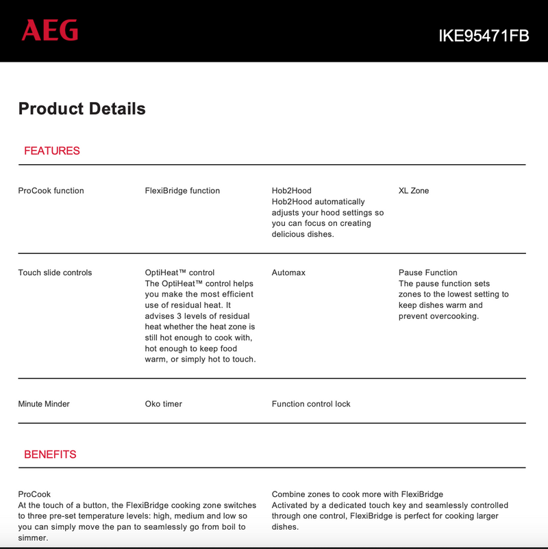 AEG IKE95471FB 90cm 5 Zone Induction Cooktop - New in Box Clearance Discount