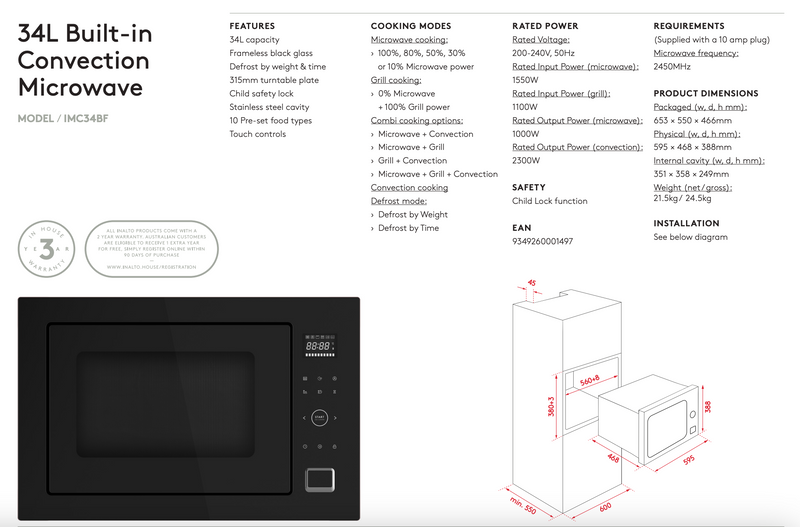 Inalto IMC34BF 34L Built-In Black Glass Convection Microwave