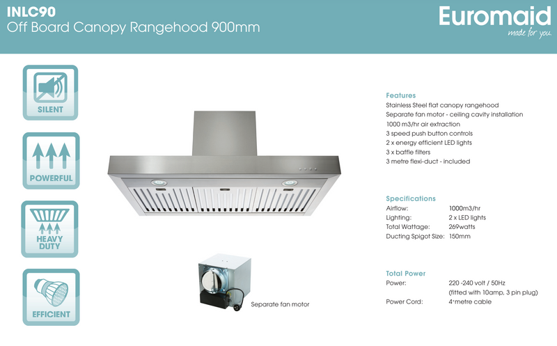 Euromaid INLC90 90cm Off Board Motor Canopy Rangehood - Special Order