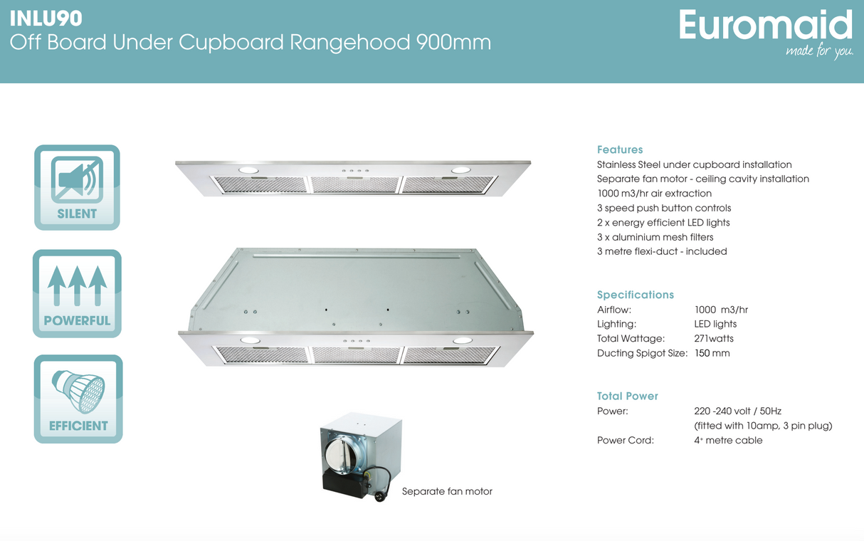 Euromaid INLU90 90cm Off Board Motor Under Cupboard Rangehood - Ex Display Discount