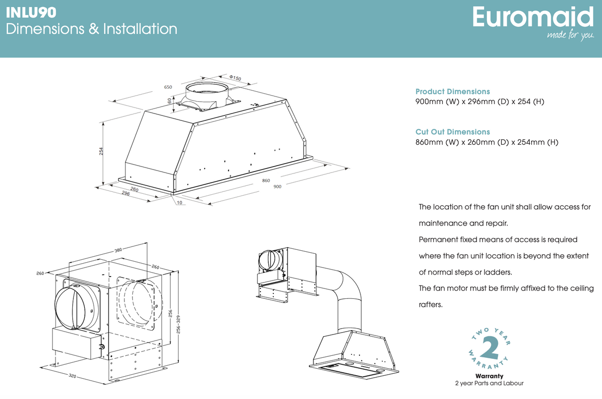 Euromaid INLU90 90cm Off Board Motor Under Cupboard Rangehood - Ex Display Discount