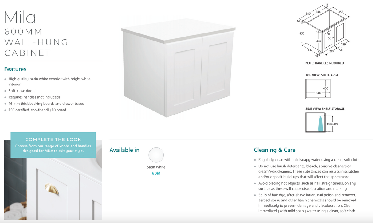 Fienza JOL60M Joli Mila 600mm Wall Hung Vanity, Satin White