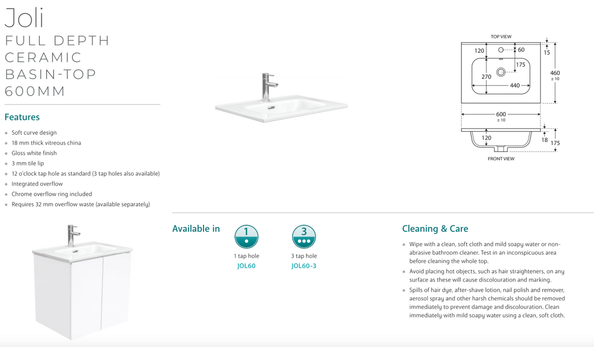 Fienza JOL60M Joli Mila 600mm Wall Hung Vanity, Satin White