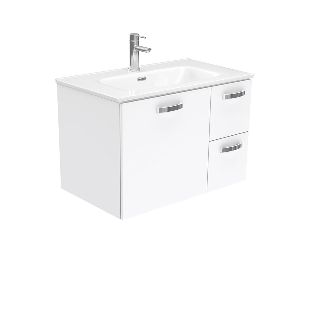 Fienza JOL75JR 750mm Joli Uni Wall Hung Vanity with Handles, Right Drawers, 1 Taphole, Gloss White
