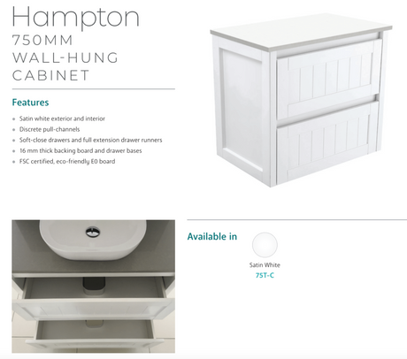 Fienza Joli Jol75T 750Mm Hampton White Wall Hung Vanity Unit - Special Order Units