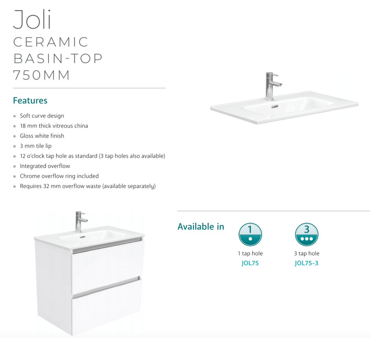 Fienza Joli Jol75T 750Mm Hampton White Wall Hung Vanity Unit - Special Order Units