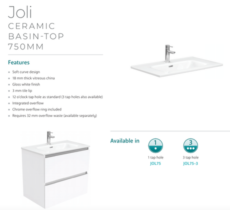 Fienza Joli Jol75T 750Mm Hampton White Wall Hung Vanity Unit - Special Order Units