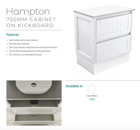 Fienza Joli Jol75Tk Hampton 750Mm White Vanity Unit On Kickboard - Special Order Units