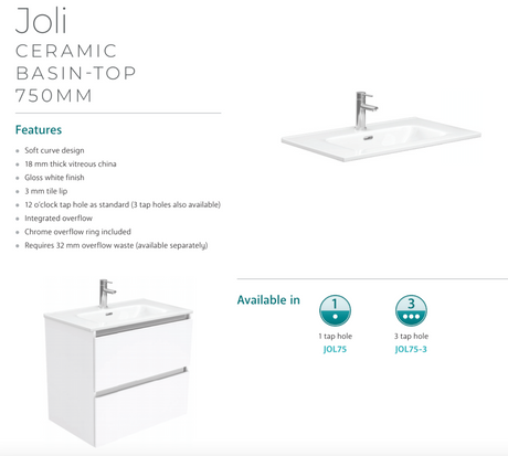 Fienza Joli Jol75Tk Hampton 750Mm White Vanity Unit On Kickboard - Special Order Units