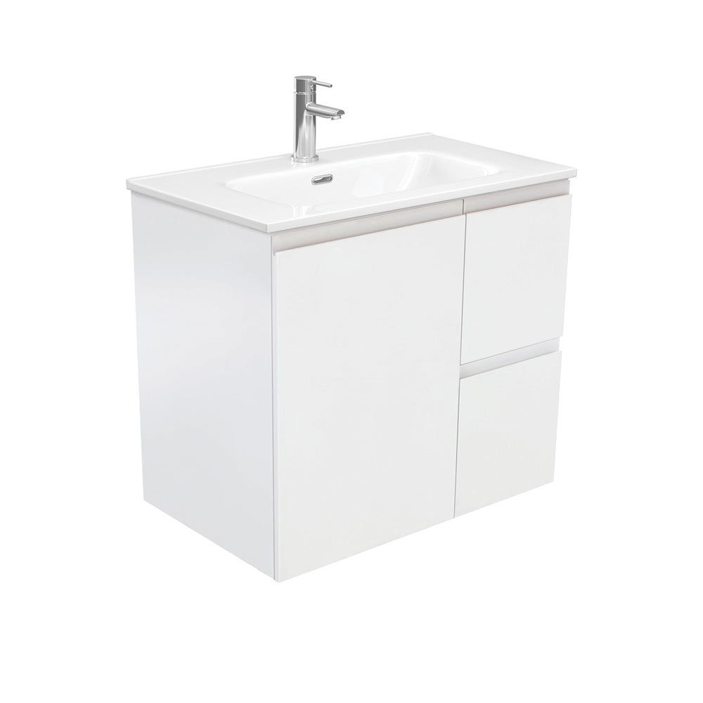 Fienza JOL75ZR 750mm Joli Fingerpull Wall Hung Vanity, Right Drawers, 1 Taphole, Satin White