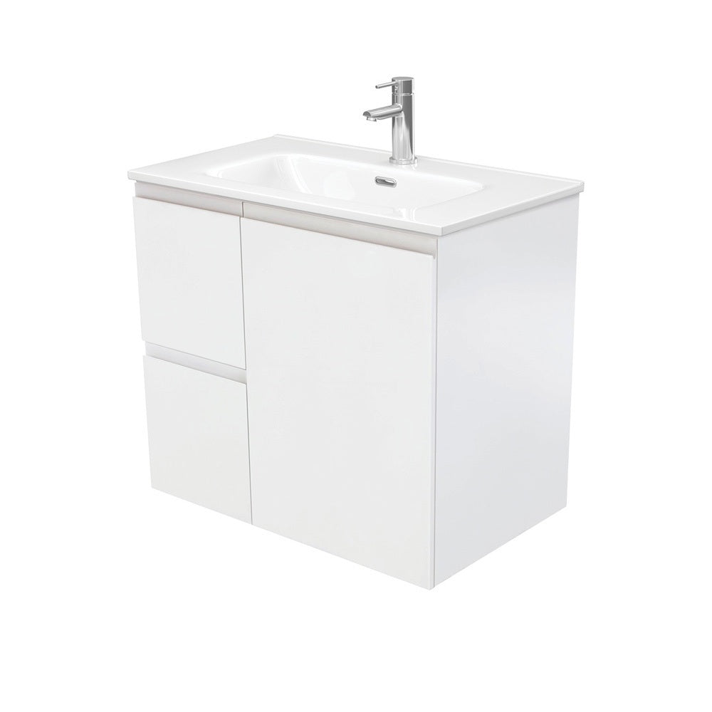 Fienza JOL75ZL 750mm Joli Fingerpull Wall Hung Vanity, Left Drawers, 1 Taphole, Satin White