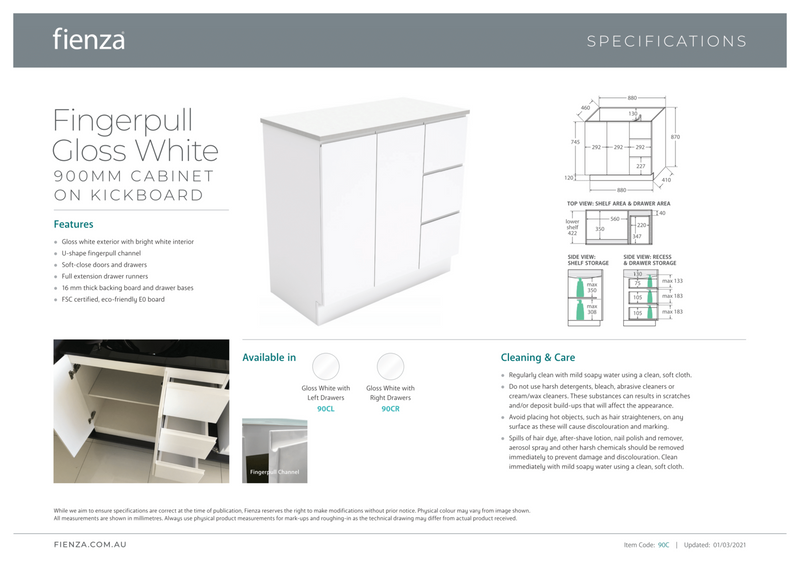 Fienza JOL90CR 900mm Joli Fingerpull Bathroom Vanity on Kickboard, Right Drawers, Gloss White - Special Order