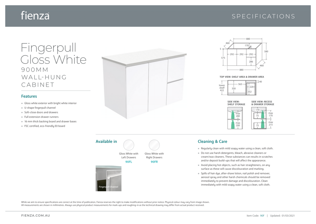 Fienza JOL90FR 900mm Joli Wall Hung Fingerpull Bathroom Vanity, Right Drawers, Gloss White