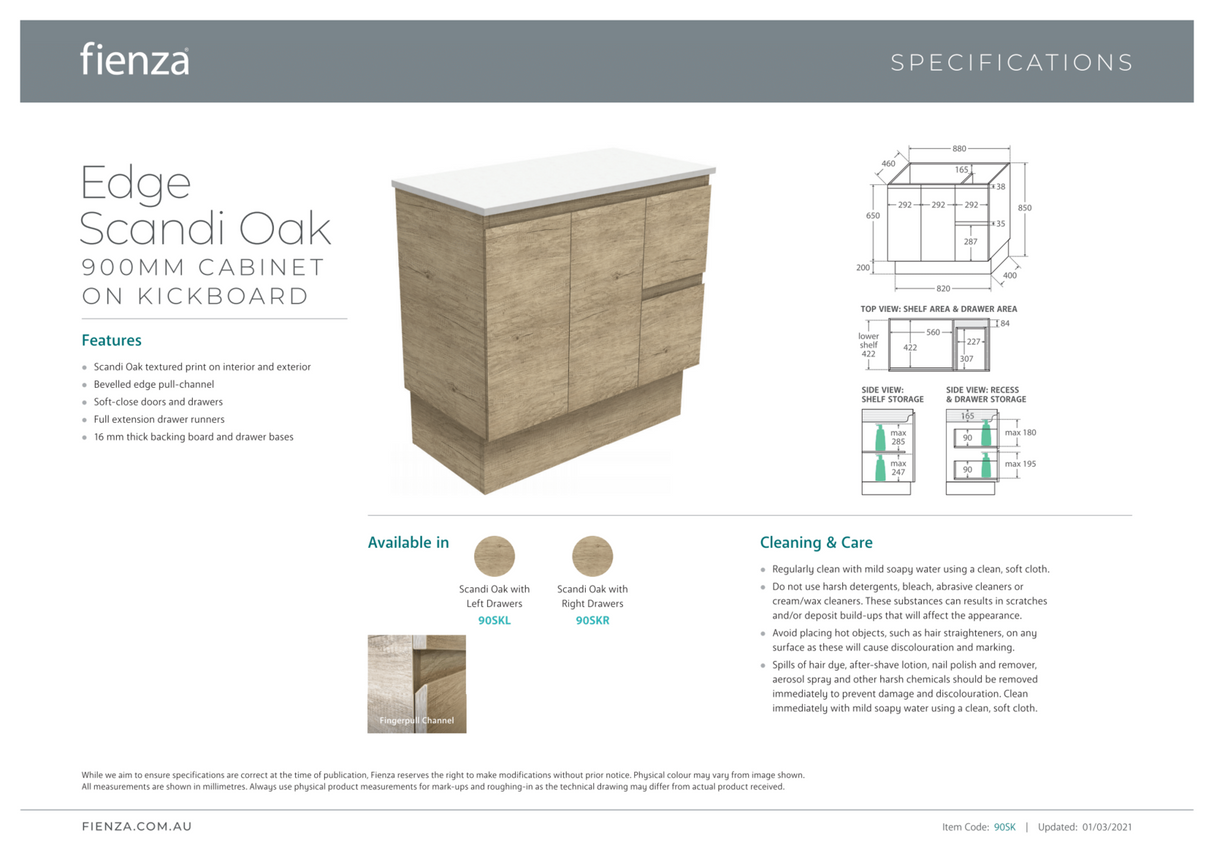 Fienza JOL90SKL 900mm Joli Fingerpull Wall-Hung Vanity, Left Drawers, Scandi Oak