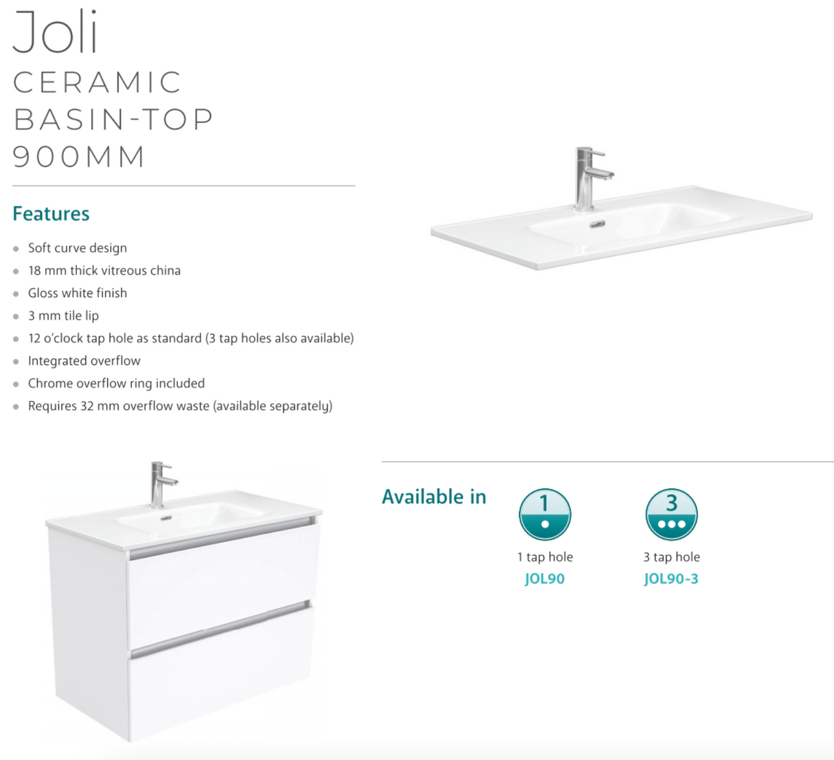 Fienza Joli Jol90T Hampton 900Mm White Wall Hung Vanity Unit - Special Order Units