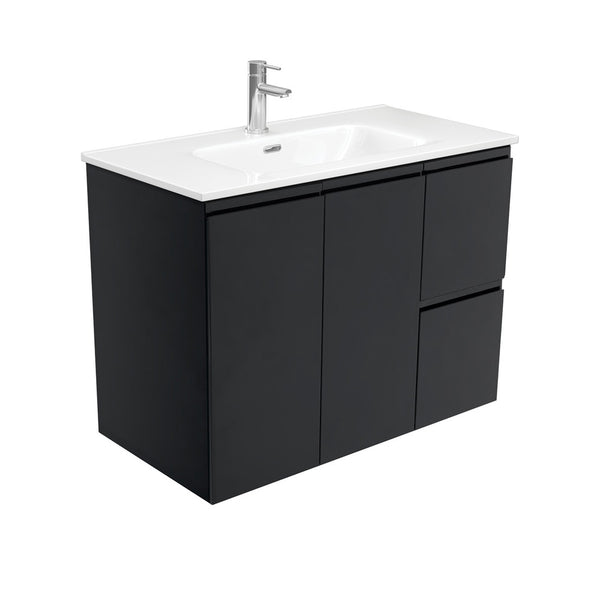 Fienza JOL90ZBR 900mm Joli Fingerpull Wall-Hung Vanity, Right Drawers, Satin Black