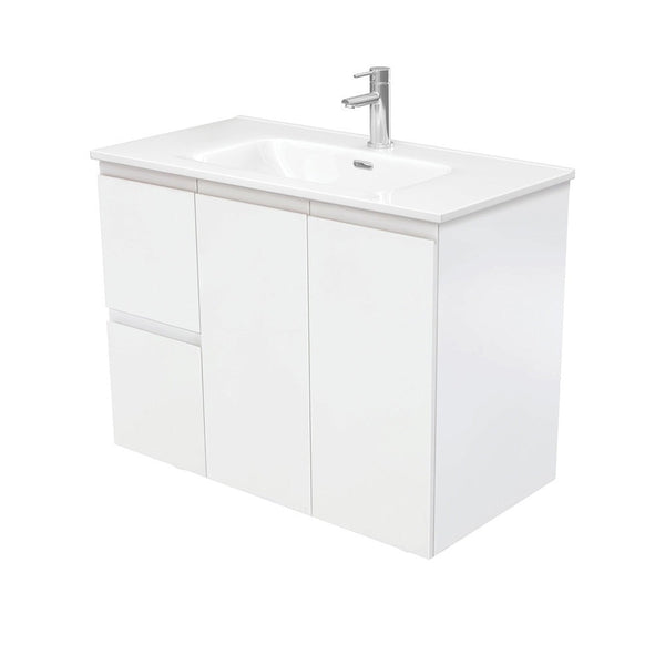 Fienza JOL90ZL Joli 900mm Fingerpull Wall-Hung Vanity, Left Drawers, Satin White