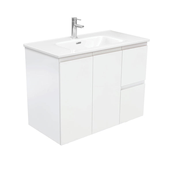 Fienza JOL90ZR Joli 900mm Fingerpull Wall-Hung Vanity, Right Drawers, Satin White