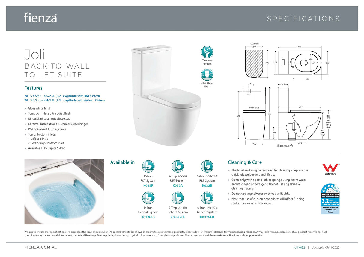 Fienza K032B Joli Tornado Back to Wall Toilet Suite, S Trap, 160- 230, Gloss White