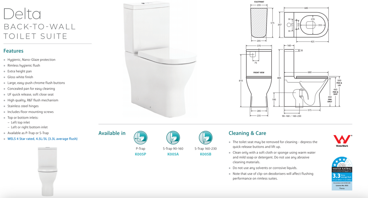 Fienza K005A Delta S-Trap 90-160mm Toilet Suite, White - Chrome Buttons