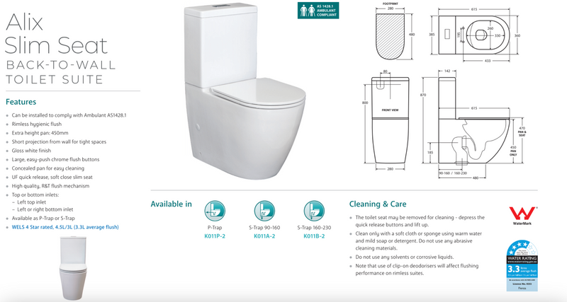 Fienza K011A-2 Alix Extended Height S Trap 90-160 Slim Seat Toilet, White - Special Order