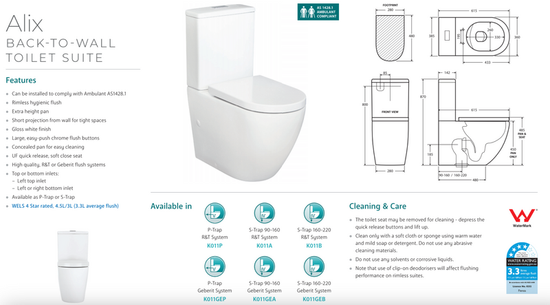 Fienza K011B Alix Extended Height S-Trap 160-230mm Toilet Suite, White - Special Order