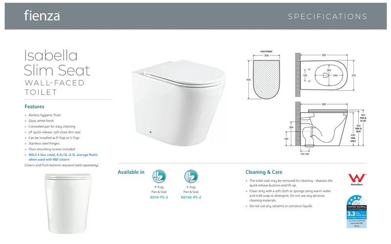 Fienza Geberit Toilet Package Isabella Wall Faced Gloss White Pan Slim Seat, Geberit Inwall Cistern, Sigma 20 Matte White Buttons - Special Order