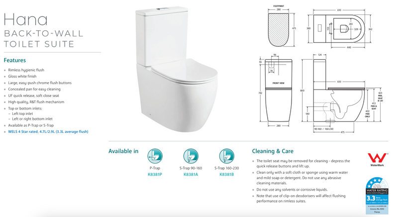 Fienza K8381A Hana BTW S Trap 90-160mm Toilet, Gloss White