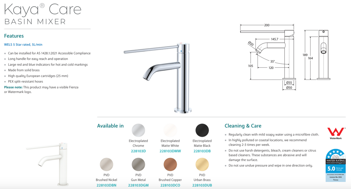 Fienza 228103D Kaya Care Basin Mixer Chrome