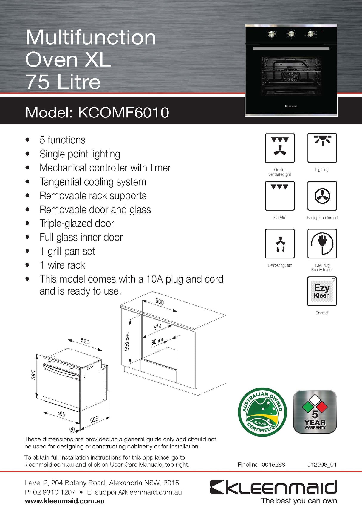 Kleenmaid KCOMF6010 60cm 75 Litre XL Multifunction Oven