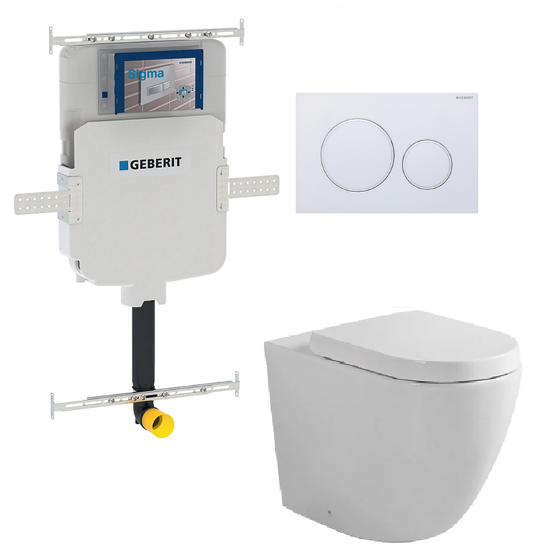 Fienza Toilet Package, Koko Gloss White Wall Face Toilet Pan to Floor, Gerberit Sigma 8 Inwall Cistern with Sigma 20 Flush Plate Matte White Buttons - Special Order