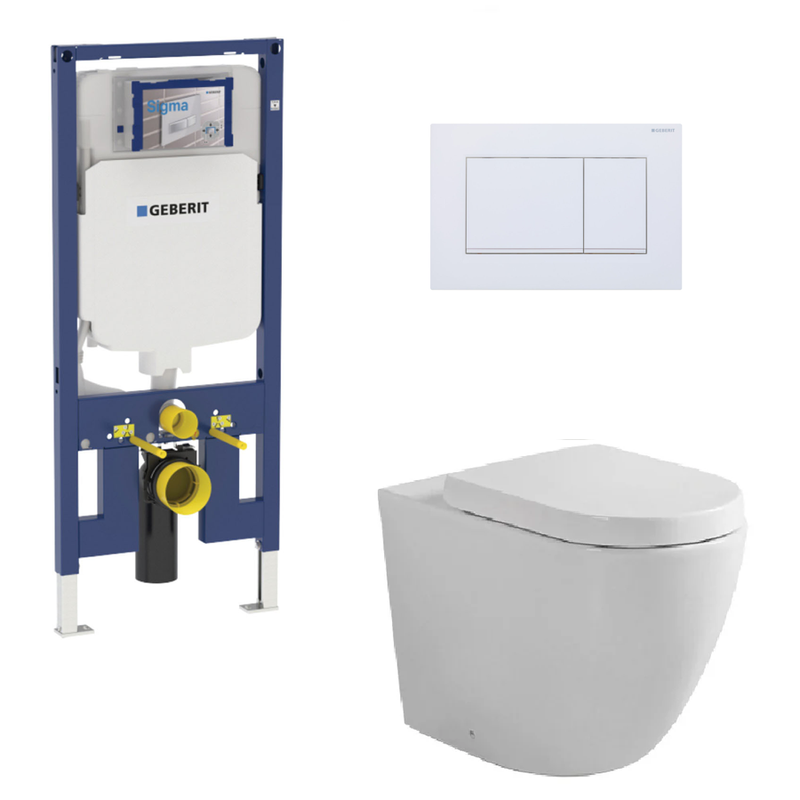 Fienza Toilet Package, Koko Gloss White Wall Hung Pan, Sigma 8 Inwall Cistern Frame with Sigma 30 Flush Plate Matte White